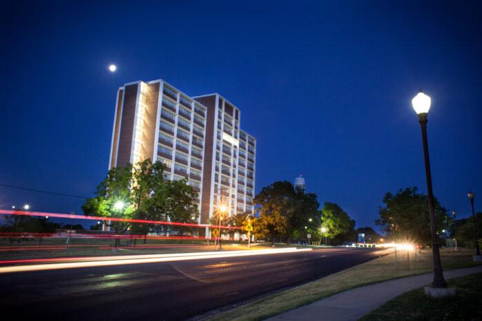 Whitley Hall at night.